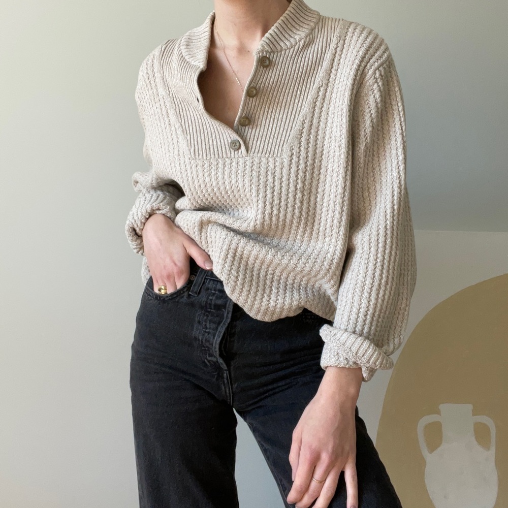 Vintage Eddie Bauer Cream Cotton Henley Sweater